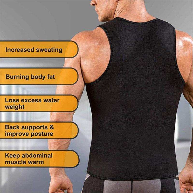 Men's fitness corset shapewear with heat trapping, silver waist support vest, enhances body shaping.