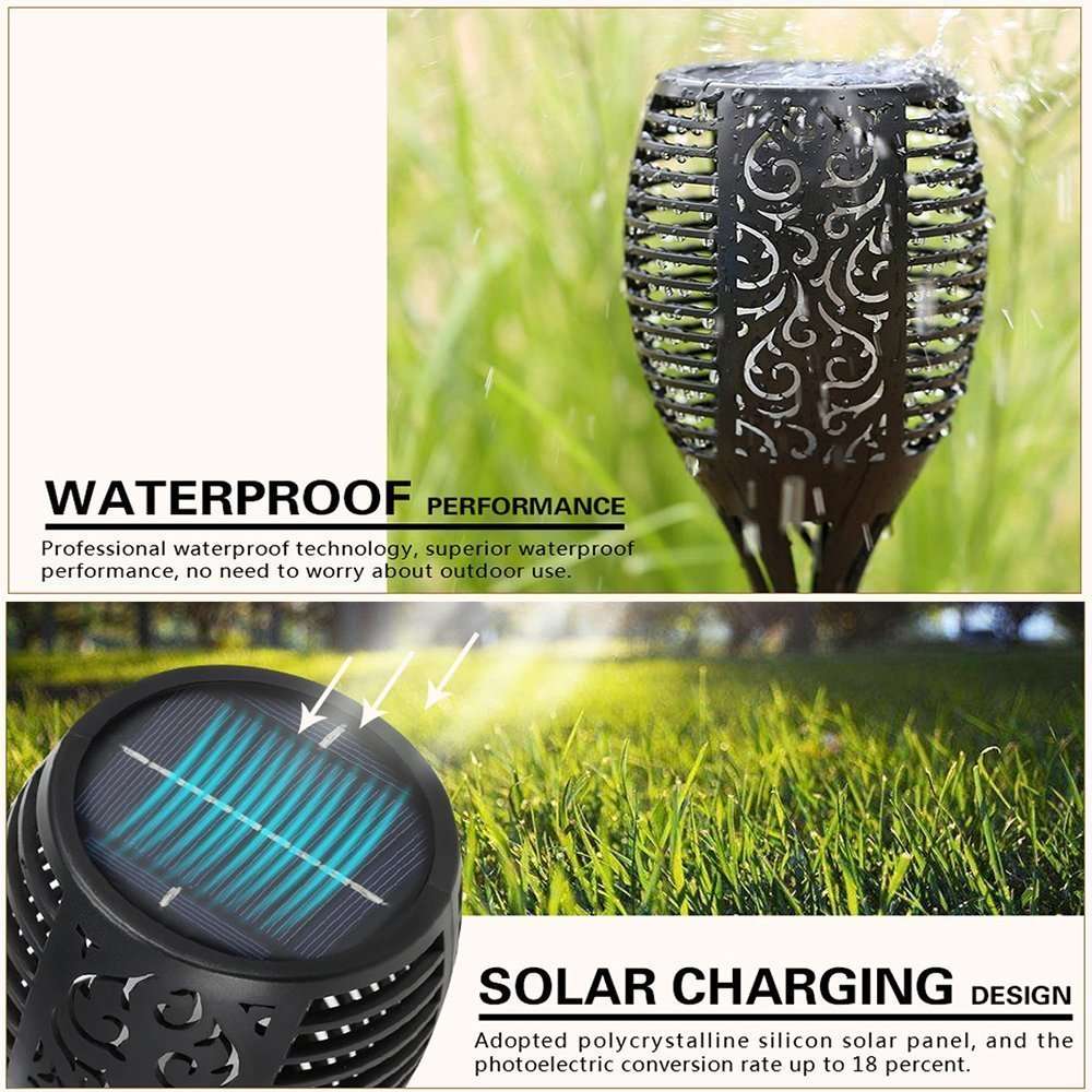 Outdoor pathway illuminated by LED waterproof solar torch lights with warm, flickering glow.