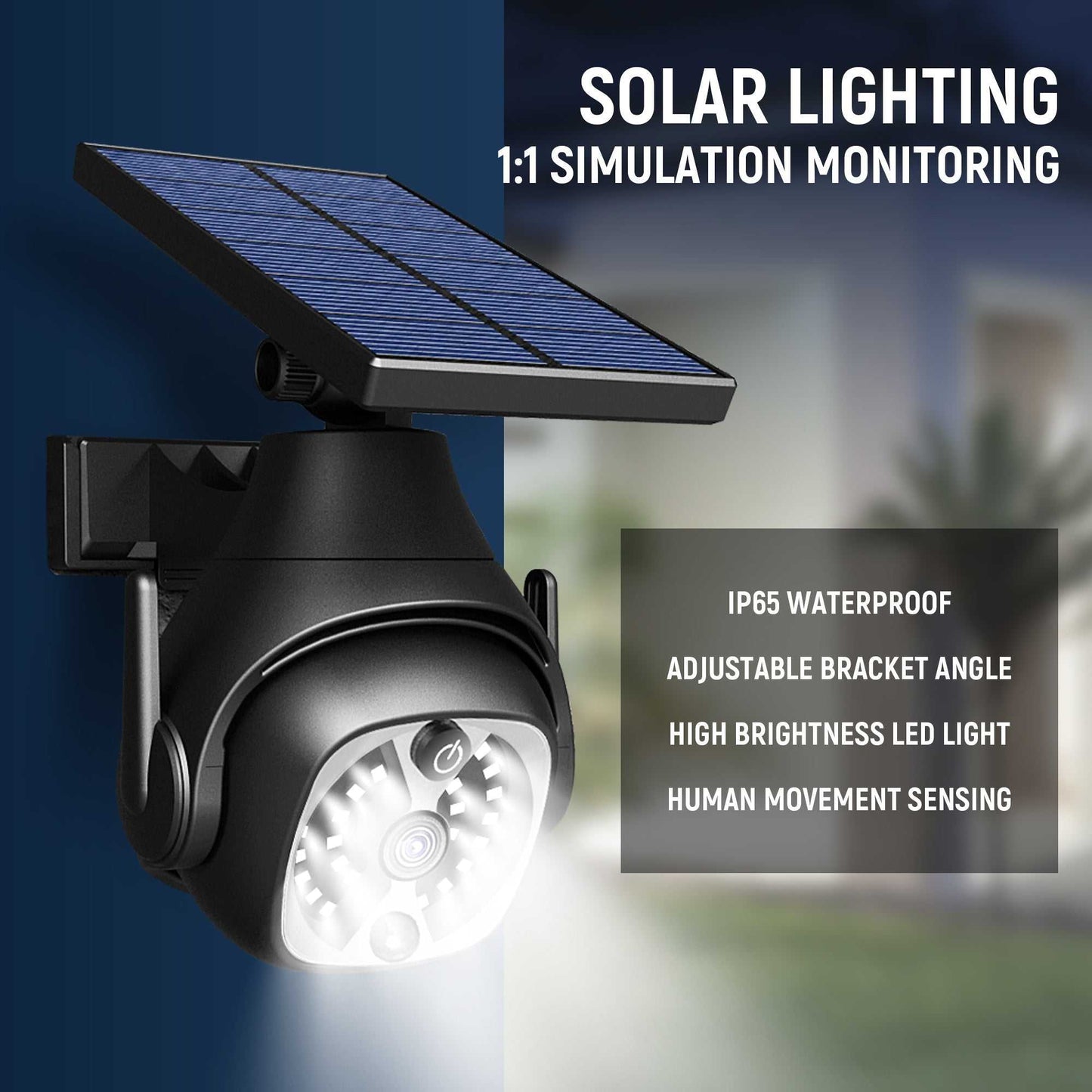 Solar powered outdoor courtyard light with human sensing, waterproof, and adjustable solar panel.