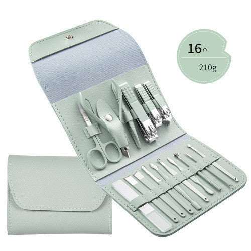 Professional nail clippers set with high-quality stainless steel tools in a rose gold leather case.