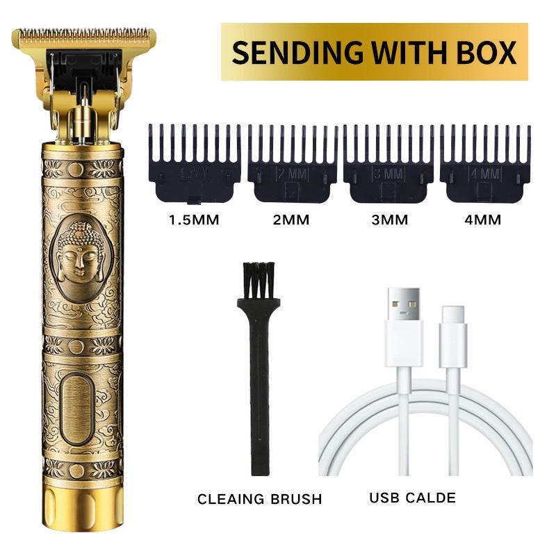 Electric hair clipper with Buddha design, interchangeable combs, USB cable, and cleaning brush.