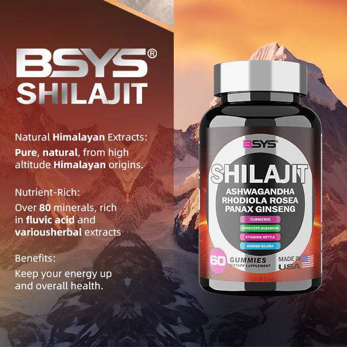 BSYS 8IN1 Shilajit Gummies 60's bottle with highlighted ingredients and USA origin.