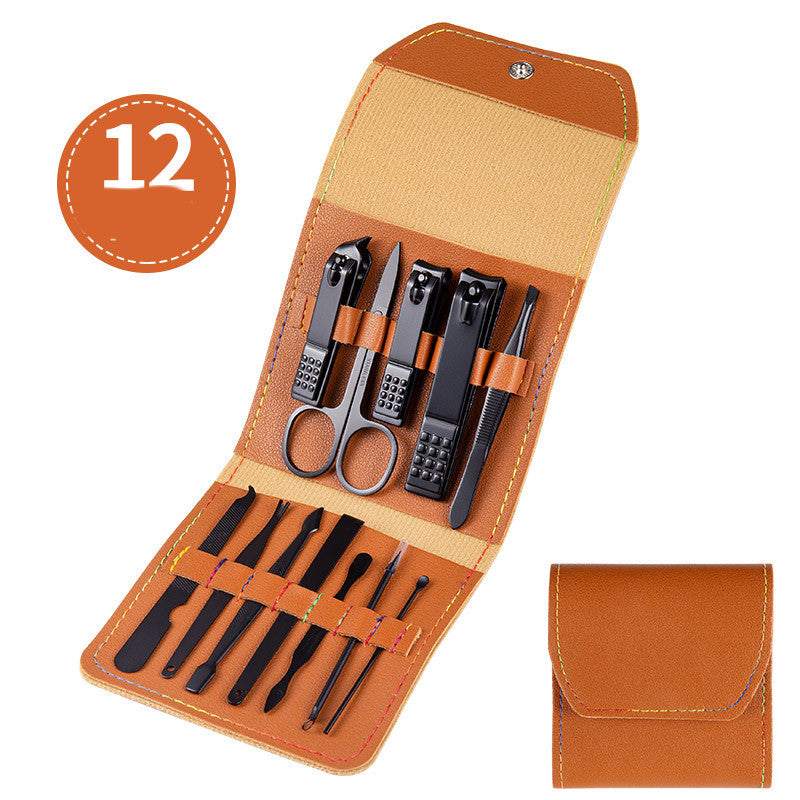 Professional nail clippers set with high-quality stainless steel tools in a rose gold leather case.