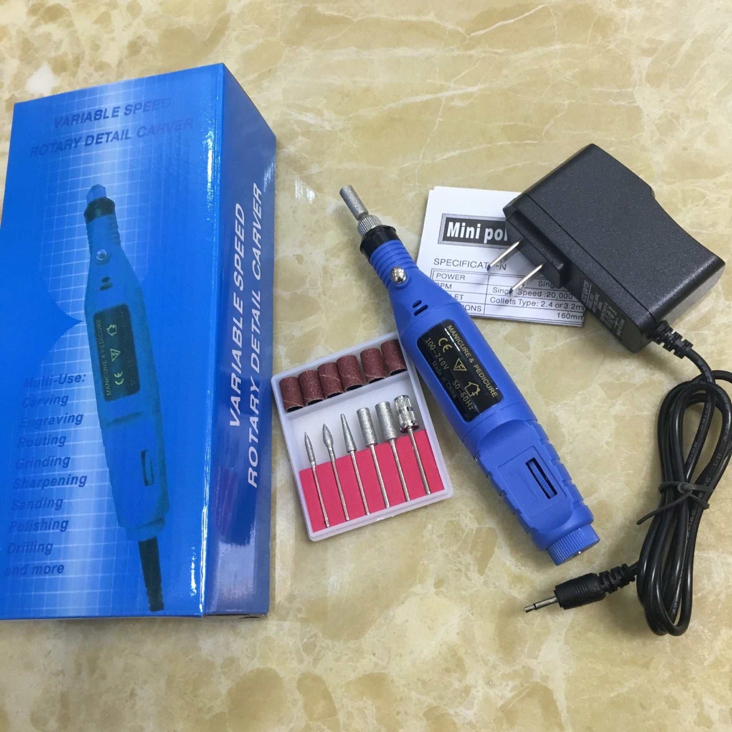 Electric nail polish machine pen with three color options, set of six polishing heads, and USB power line.
