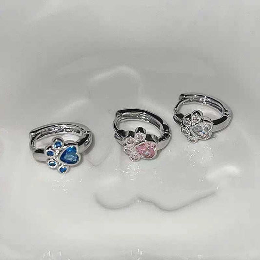 Diamond Studded Love Diamond studded cat paw earrings in pink, blue, and white on alloy material, sweet and cool style.