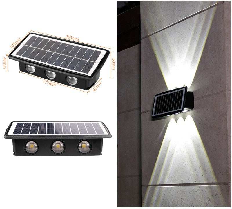 Solar outdoor wall lights illuminating a stone wall with warm light.
