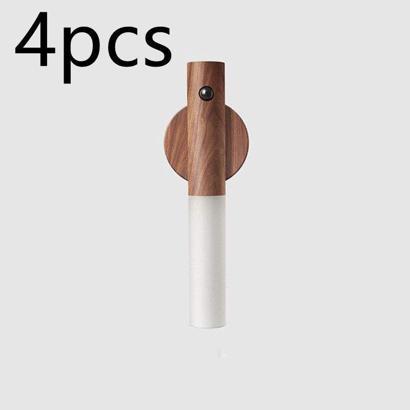 Auto LED USB magnetic wood wireless night light with PIR motion sensor for corridors, showing magnetic installation and soft illumination.