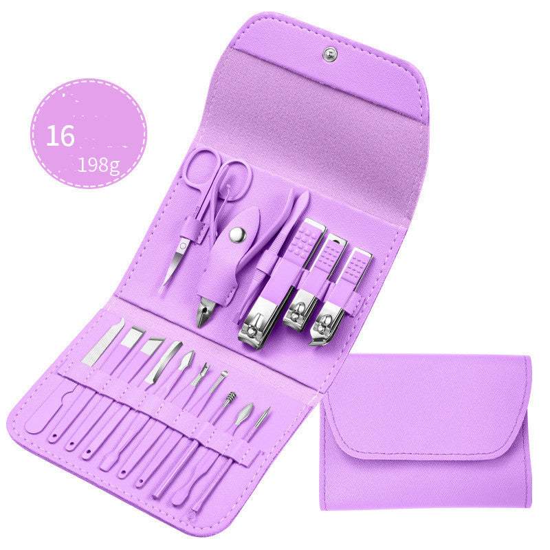 Professional nail clippers set with high-quality stainless steel tools in a rose gold leather case.