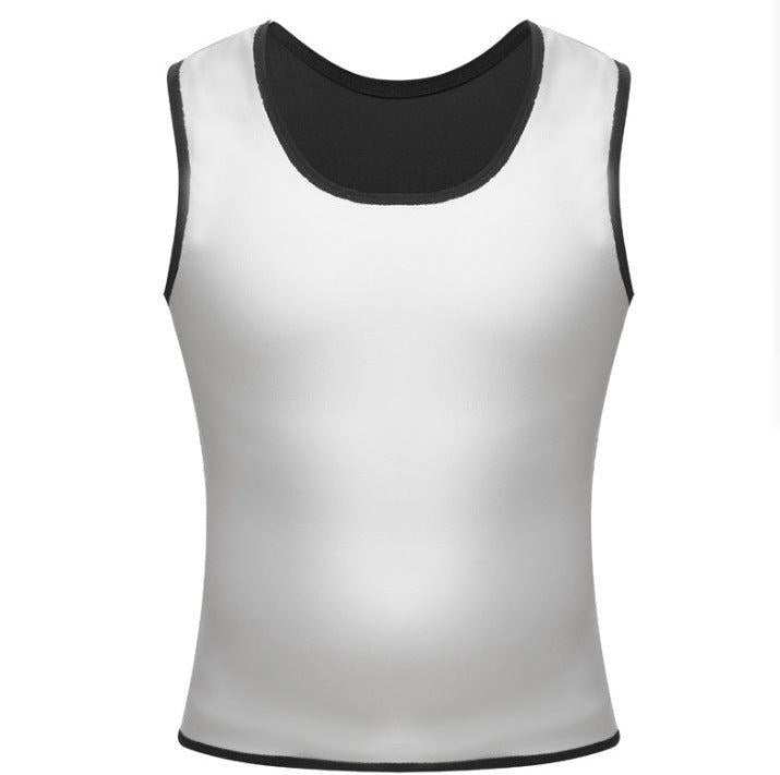 Men's fitness corset shapewear with heat trapping, silver waist support vest, enhances body shaping.