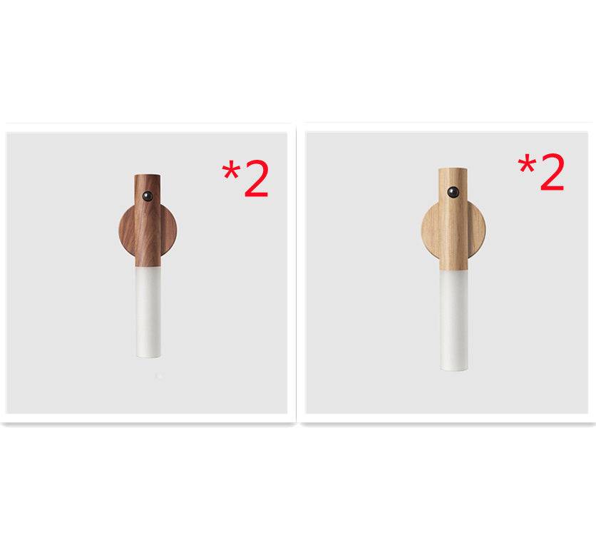 Auto LED USB magnetic wood wireless night light with PIR motion sensor for corridors, showing magnetic installation and soft illumination.