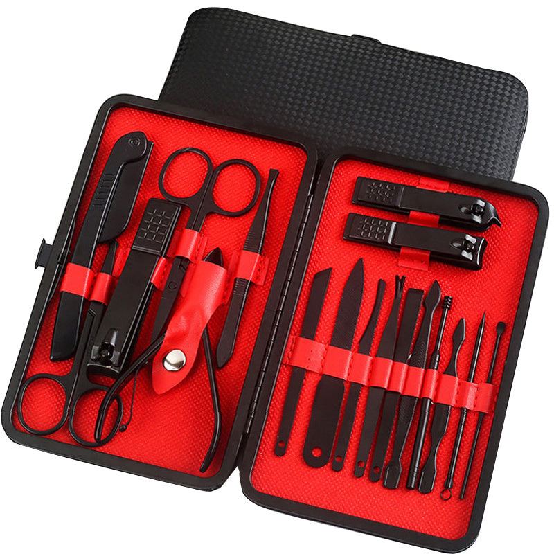 Professional nail clippers set with high-quality stainless steel tools in a rose gold leather case.
