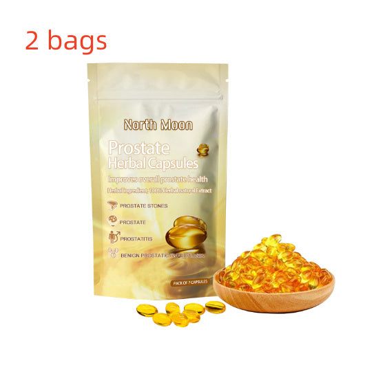 Prostate herbal capsules for male front discomfort relief and body care.