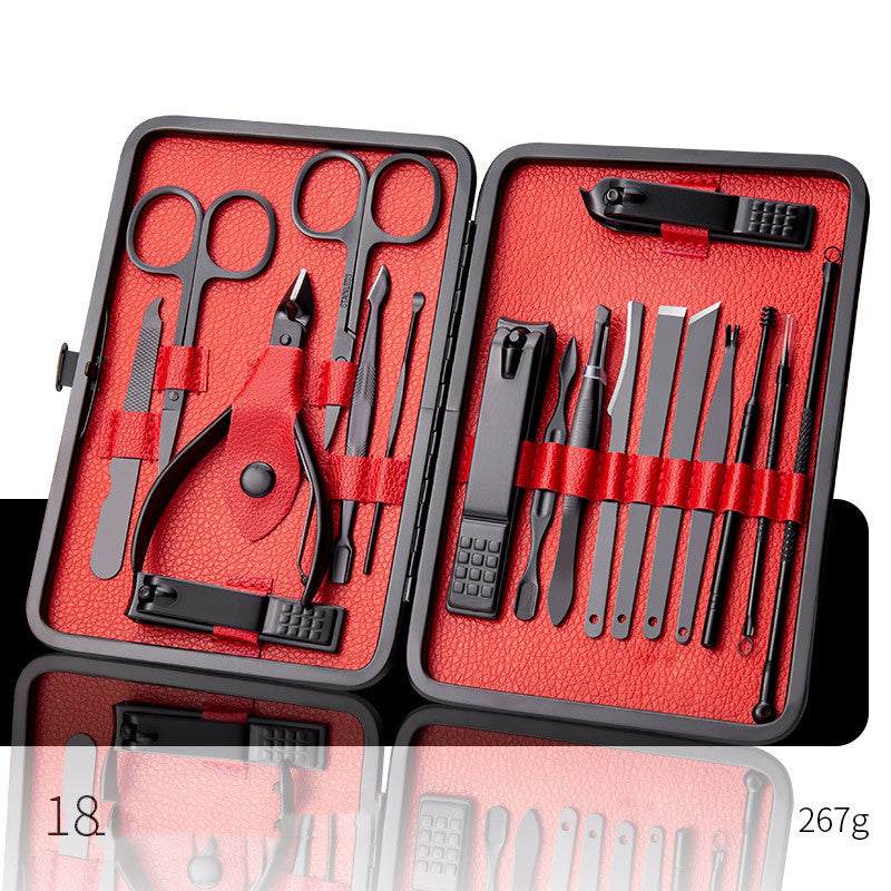 Professional nail clippers set with high-quality stainless steel tools in a rose gold leather case.