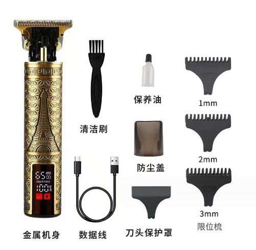 Electric hair clipper with Buddha design, interchangeable combs, USB cable, and cleaning brush.