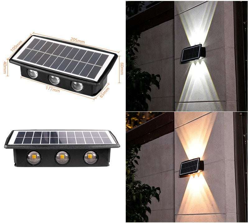 Solar outdoor wall lights illuminating a stone wall with warm light.
