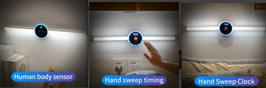 Smart cabinet light with clock and hand sweep timing feature, illuminating a wall.