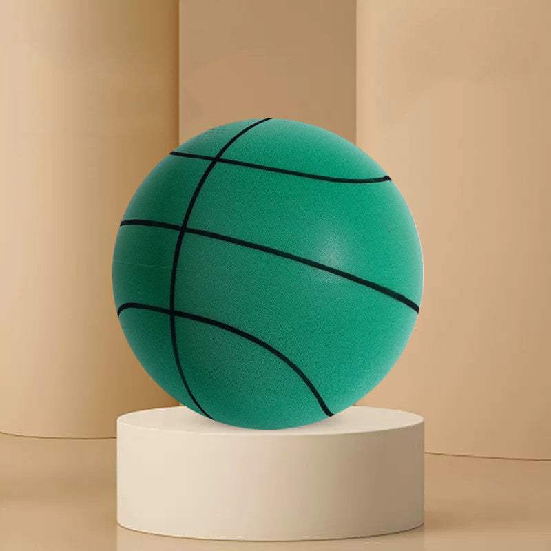 Child playing with Silent Sports Ball indoor basketball set, featuring vibrant bouncy balls in various colors and a hoop.