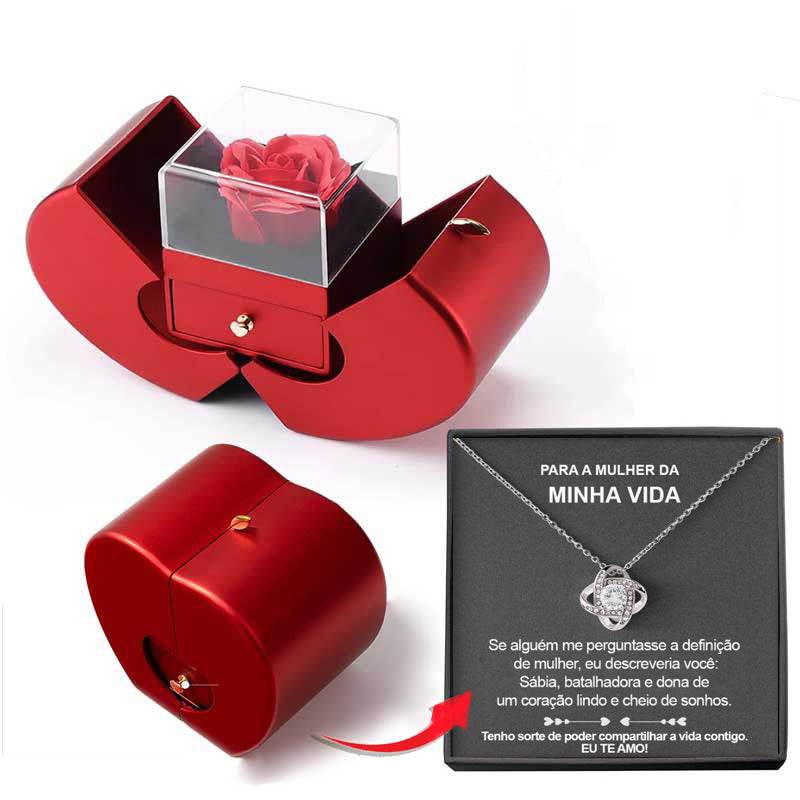 Red apple-shaped fashion jewelry box with eternal rose and necklace, perfect Christmas or Valentine's Day gift.