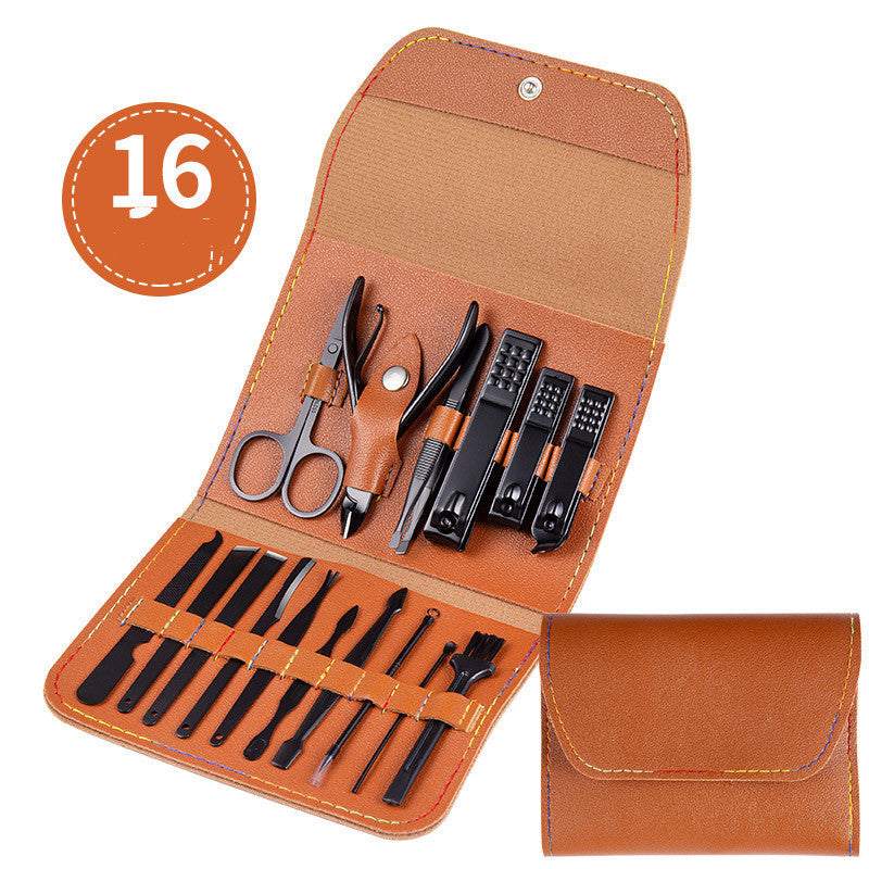 Professional nail clippers set with high-quality stainless steel tools in a rose gold leather case.