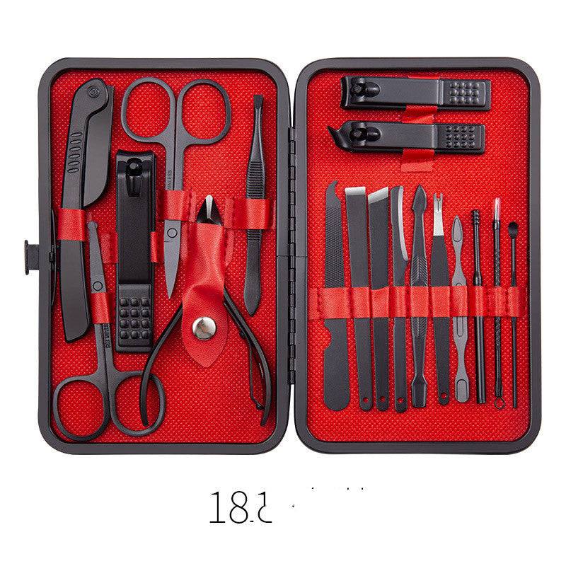 Professional nail clippers set with high-quality stainless steel tools in a rose gold leather case.
