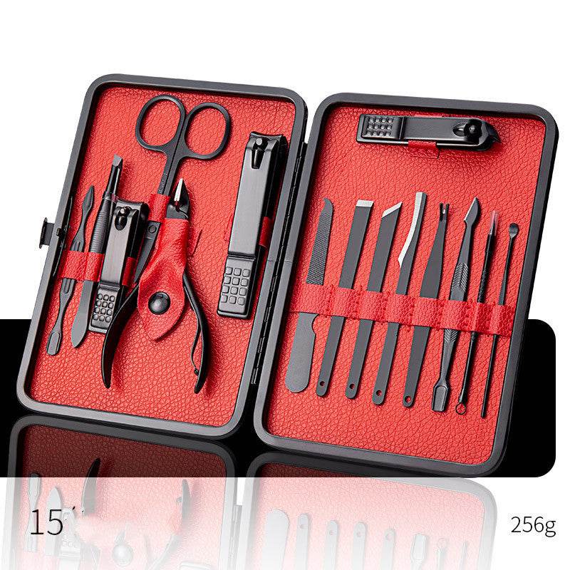 Professional nail clippers set with high-quality stainless steel tools in a rose gold leather case.