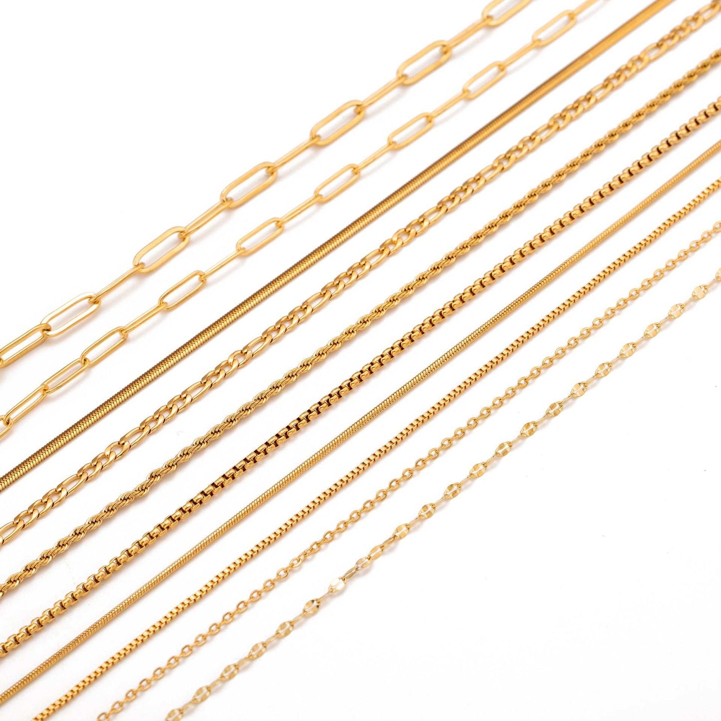 Stainless steel lip chain and accessories with vacuum vapor plating, showcasing 18K gold color protection.