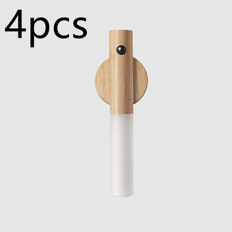 Auto LED USB magnetic wood wireless night light with PIR motion sensor for corridors, showing magnetic installation and soft illumination.