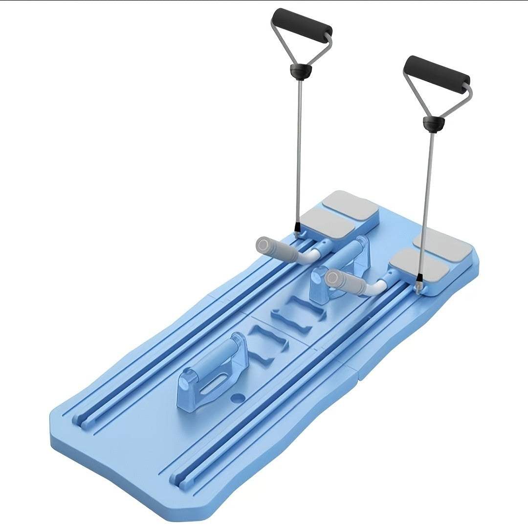 Multifunctional supine board-wheel in blue, compactly stored beside a sofa for home fitness.