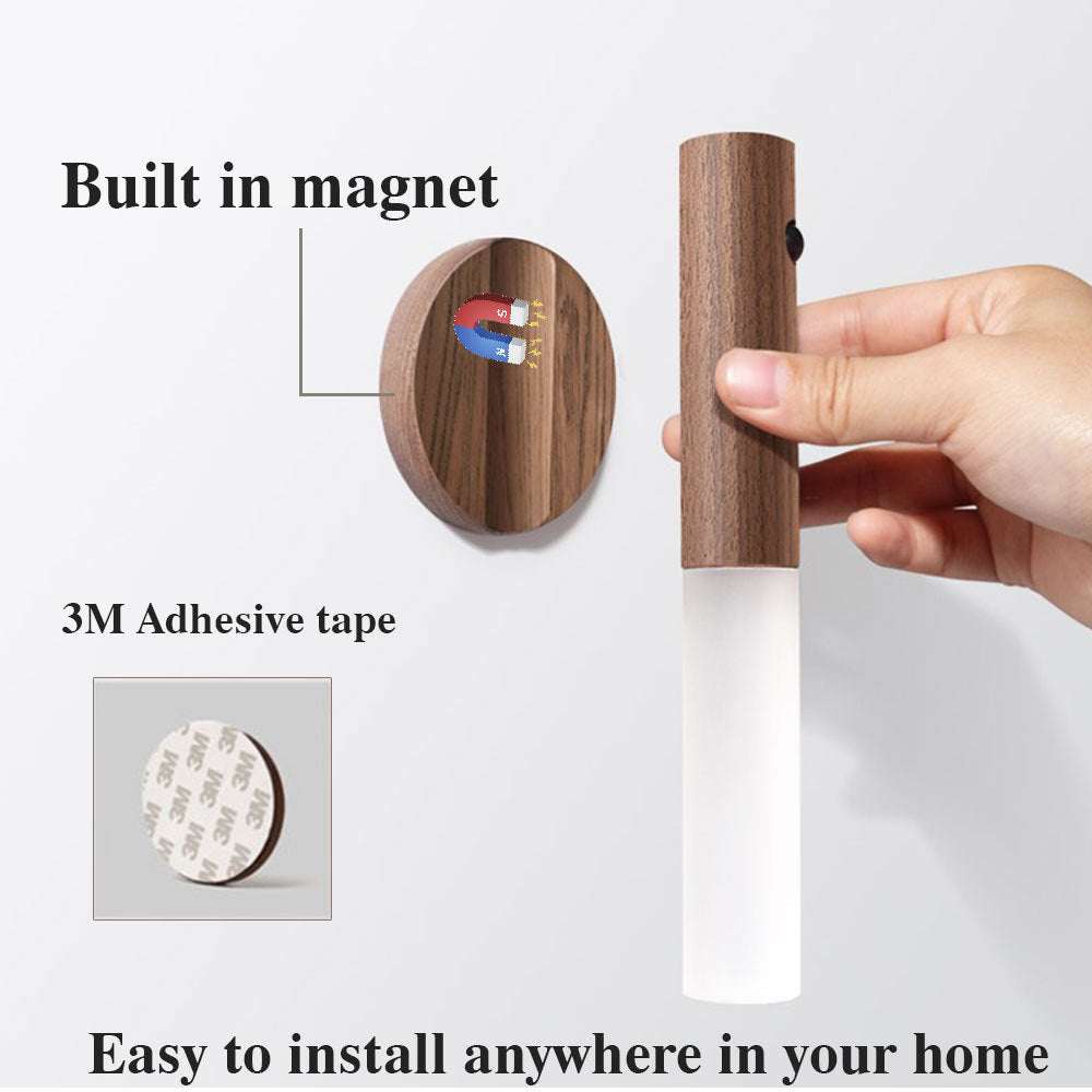 Auto LED USB magnetic wood wireless night light with PIR motion sensor for corridors, showing magnetic installation and soft illumination.