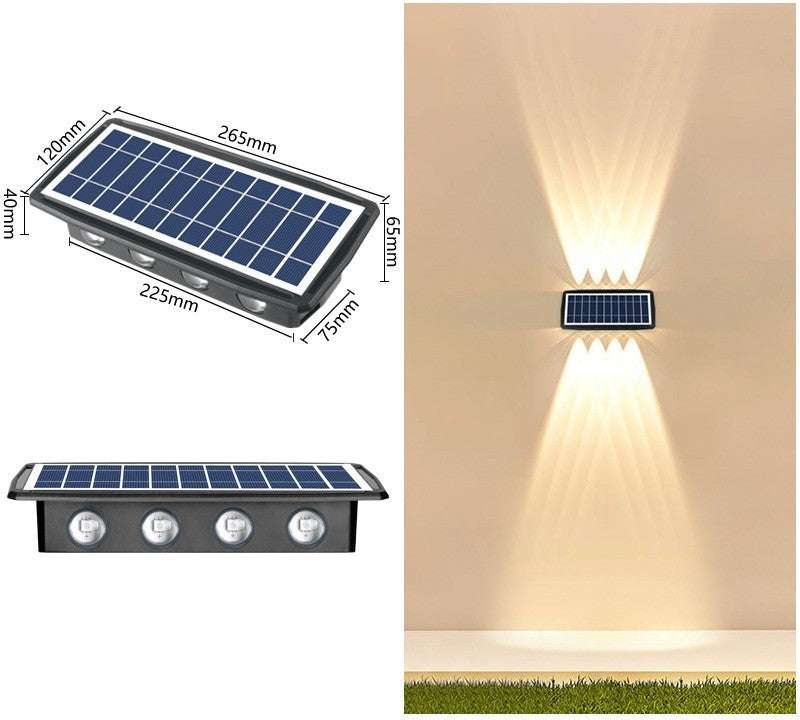 Solar outdoor wall lights illuminating a stone wall with warm light.