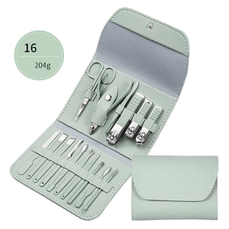 Professional nail clippers set with high-quality stainless steel tools in a rose gold leather case.