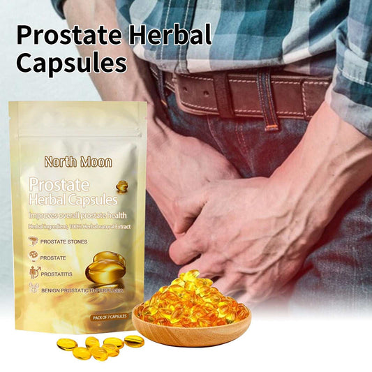 Prostate herbal capsules for male front discomfort relief and body care.