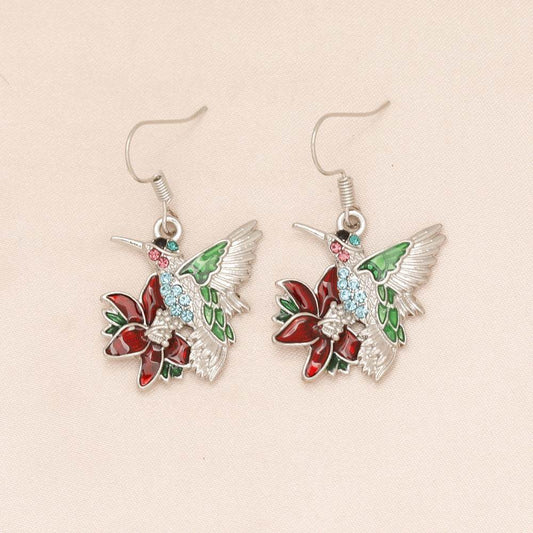 Colorful hummingbird full diamond pendant earrings in silver alloy with water droplets design, Korean style.