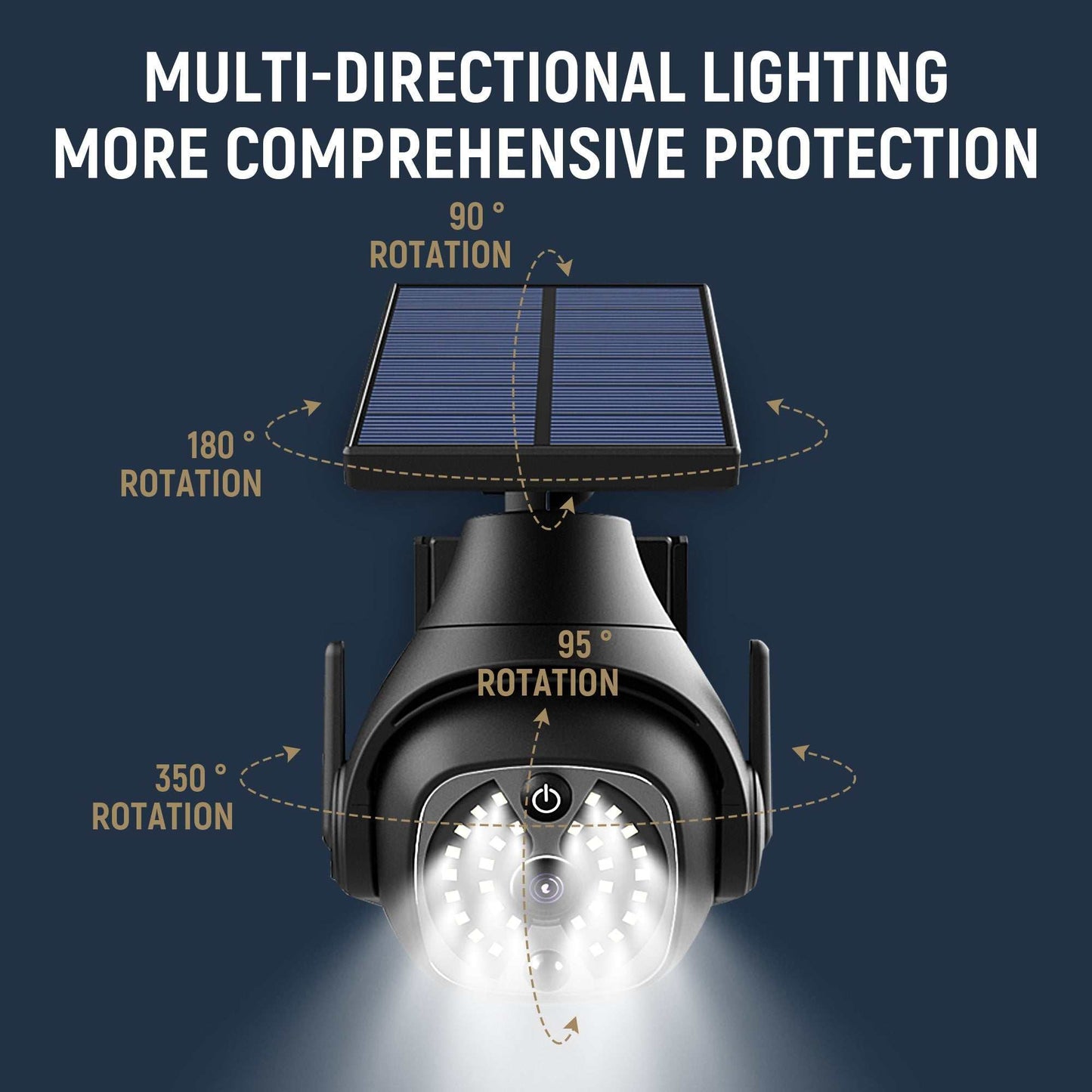 Solar powered outdoor courtyard light with human sensing, waterproof, and adjustable solar panel.