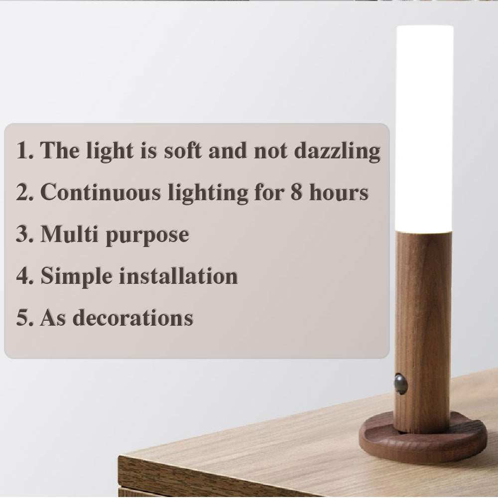 Auto LED USB magnetic wood wireless night light with PIR motion sensor for corridors, showing magnetic installation and soft illumination.