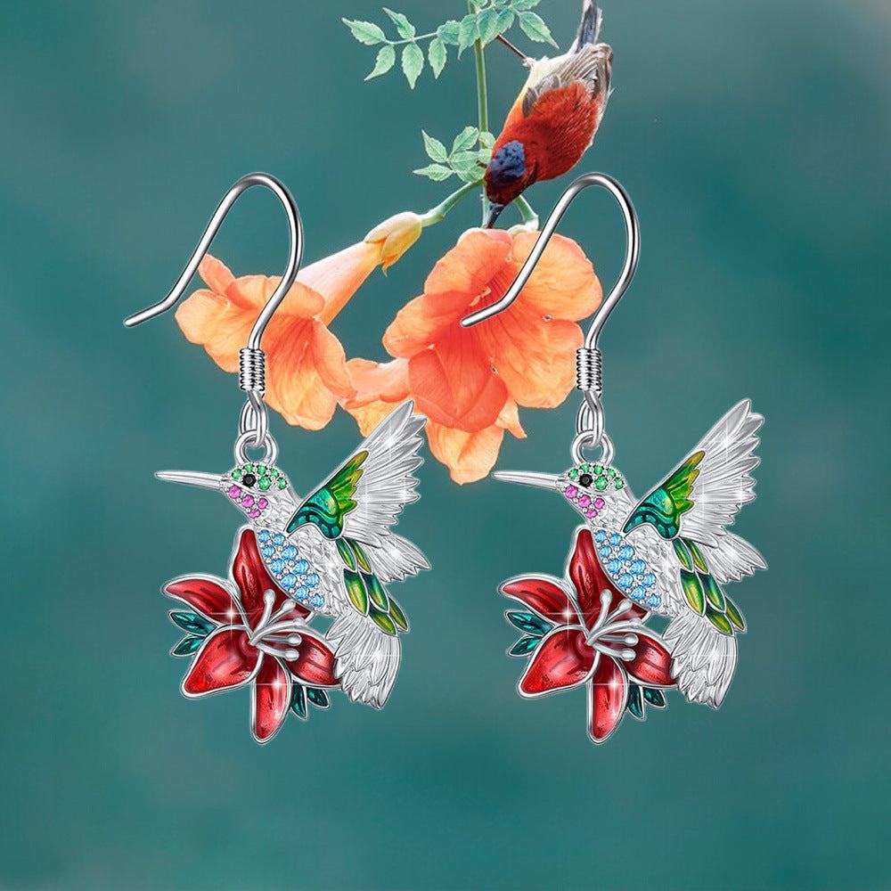 Colorful hummingbird full diamond pendant earrings in silver alloy with water droplets design, Korean style.