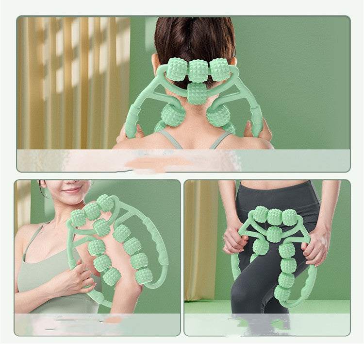 Muscle Relaxation Ring Leg Clip Roller in pink with textured rollers for massage therapy.