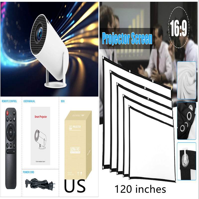 HY300 Pro Projector, portable home theater with 4K support, Wi-Fi, and 720P resolution.