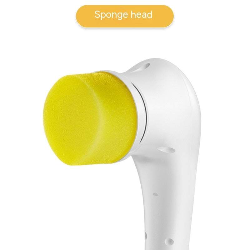 Electric handheld kitchen scrubber with five brush heads for versatile cleaning.