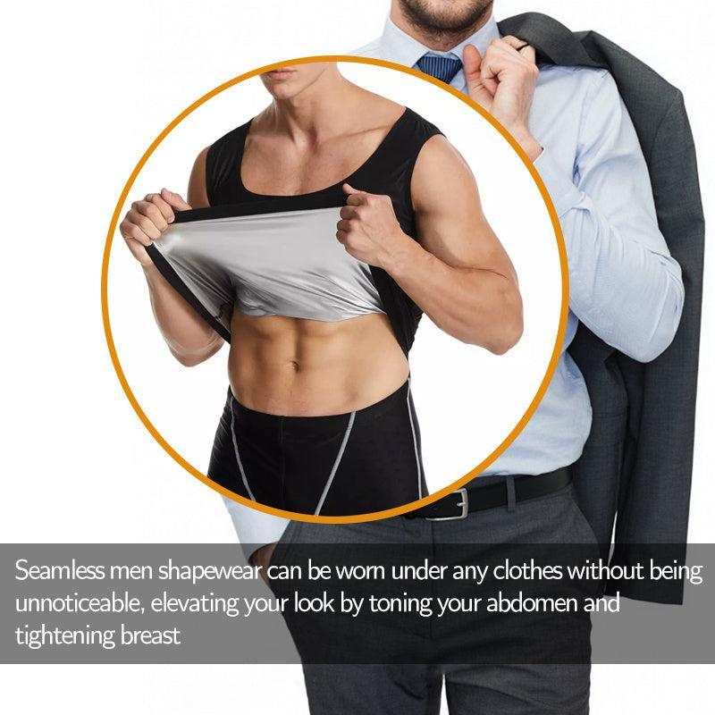 Men's fitness corset shapewear with heat trapping, silver waist support vest, enhances body shaping.