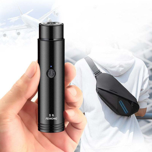 Portable mini electric shaver for men with black and silver design, showcasing shaving features.