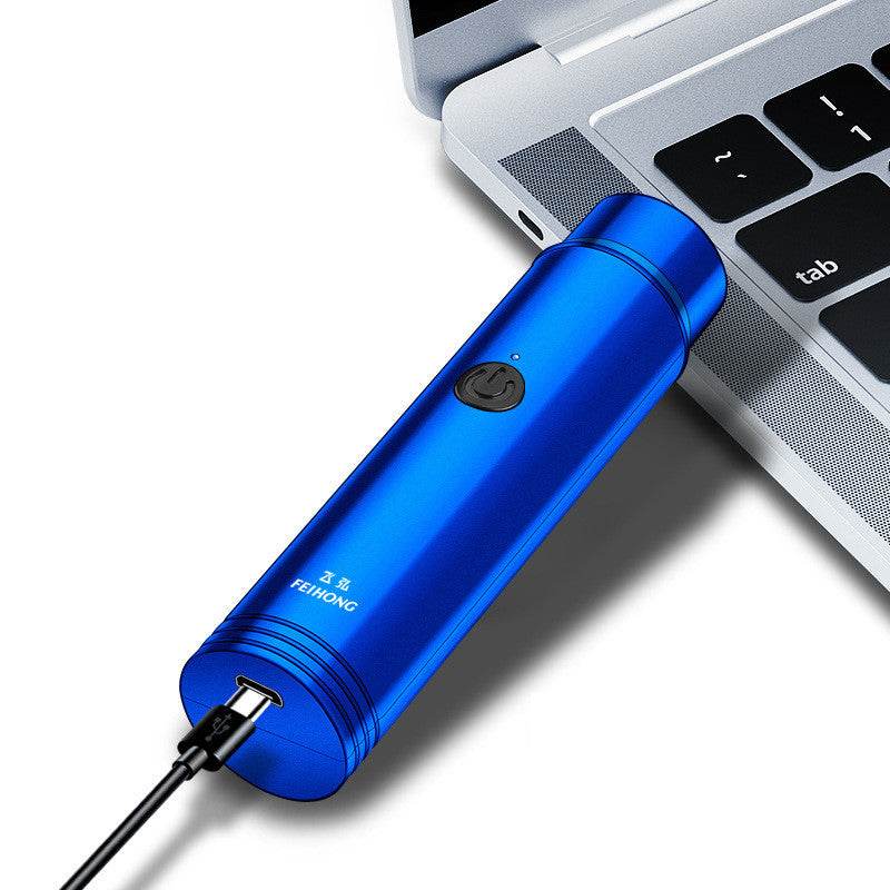 Portable mini electric shaver for men with black and silver design, showcasing shaving features.
