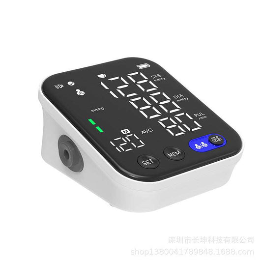 Electronic blood pressure monitor with large screen for real-time measurement.