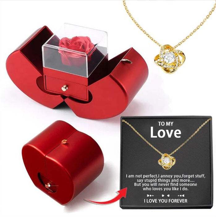Red apple-shaped fashion jewelry box with eternal rose and necklace, perfect Christmas or Valentine's Day gift.