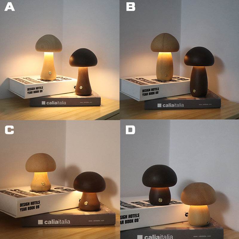 Wooden cute mushroom LED night lights on a bedside table, suitable for children's room decor.
