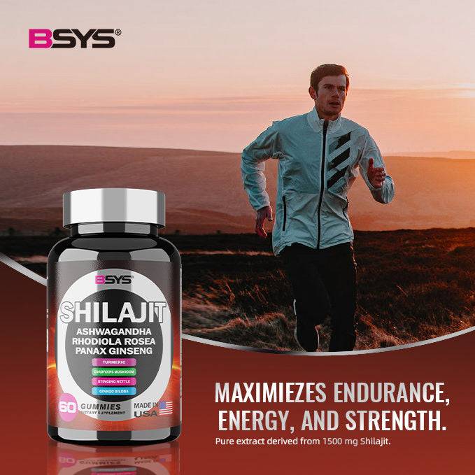 BSYS 8IN1 Shilajit Gummies 60's bottle with highlighted ingredients and USA origin.