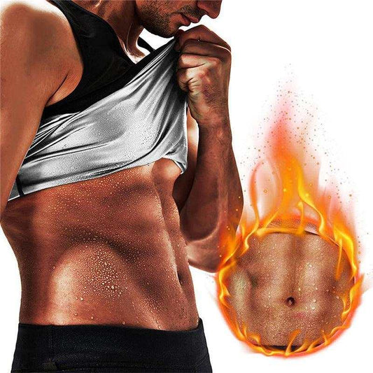 Men's fitness corset shapewear with heat trapping, silver waist support vest, enhances body shaping.