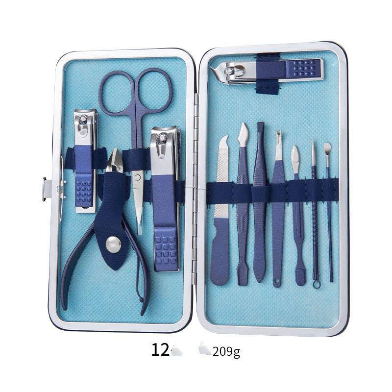 Professional nail clippers set with high-quality stainless steel tools in a rose gold leather case.
