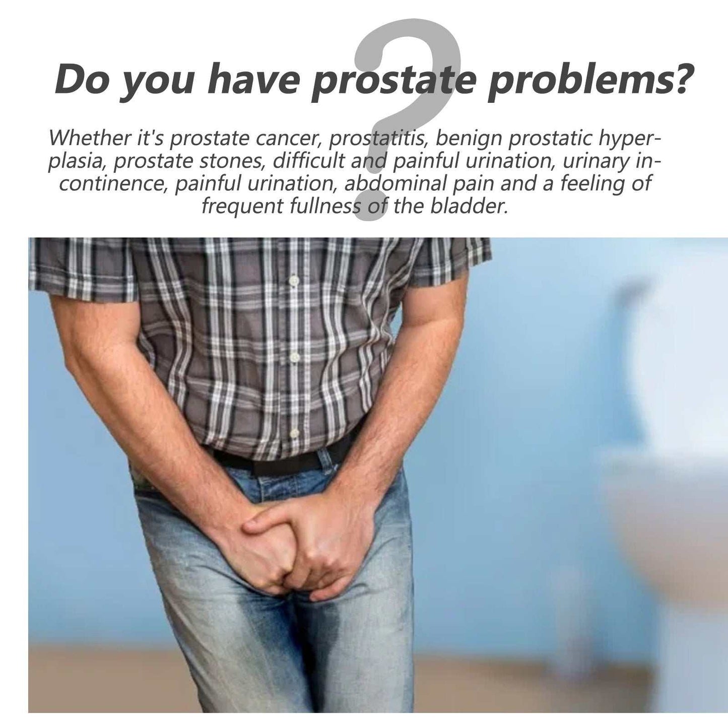 Prostate herbal capsules for male front discomfort relief and body care.