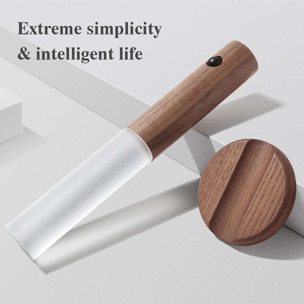 Auto LED USB magnetic wood wireless night light with PIR motion sensor for corridors, showing magnetic installation and soft illumination.